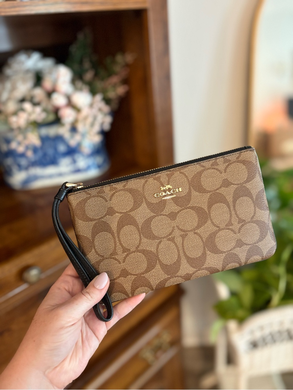 Coach Brown Monogram Zip Wristlet with Black Strap